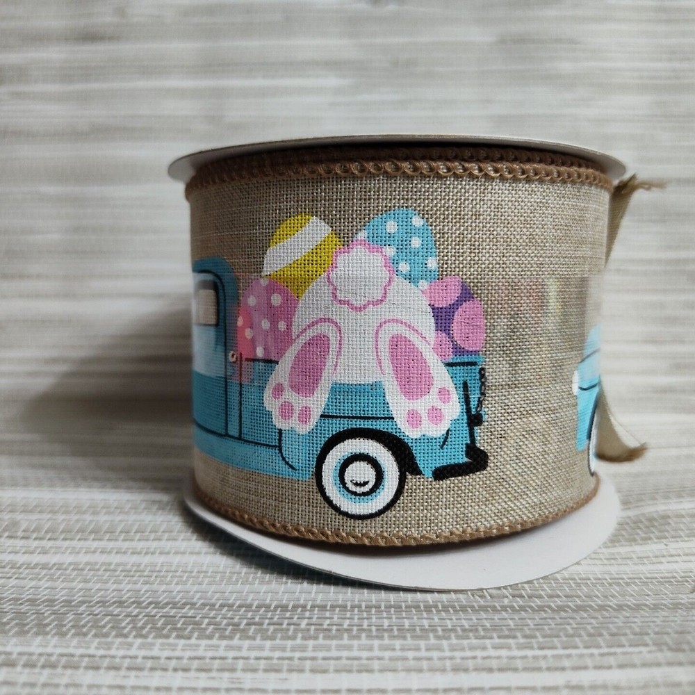 Wired Ribbon 2.5" x 20' Easter Blue Truck Eggs Bunny Tail Sticking out Back